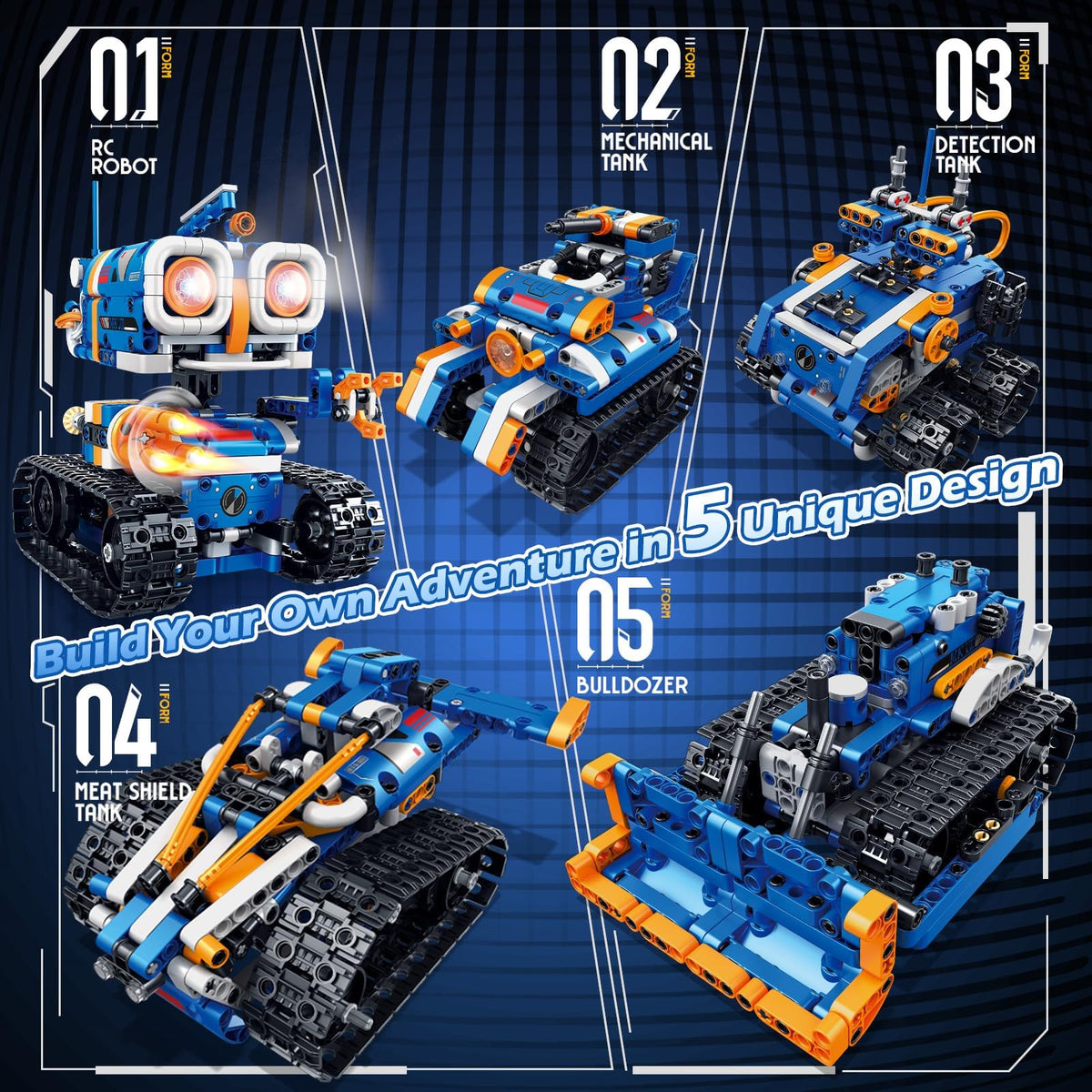 Demkia 5in1 STEM robot kit tank model supports rugged movement on any surface.