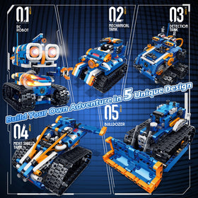 Demkia 5in1 STEM robot kit tank model supports rugged movement on any surface.