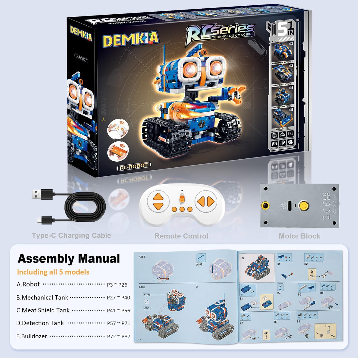 Demkia 5in1 STEM robot kit USB-C battery for longer play sessions.