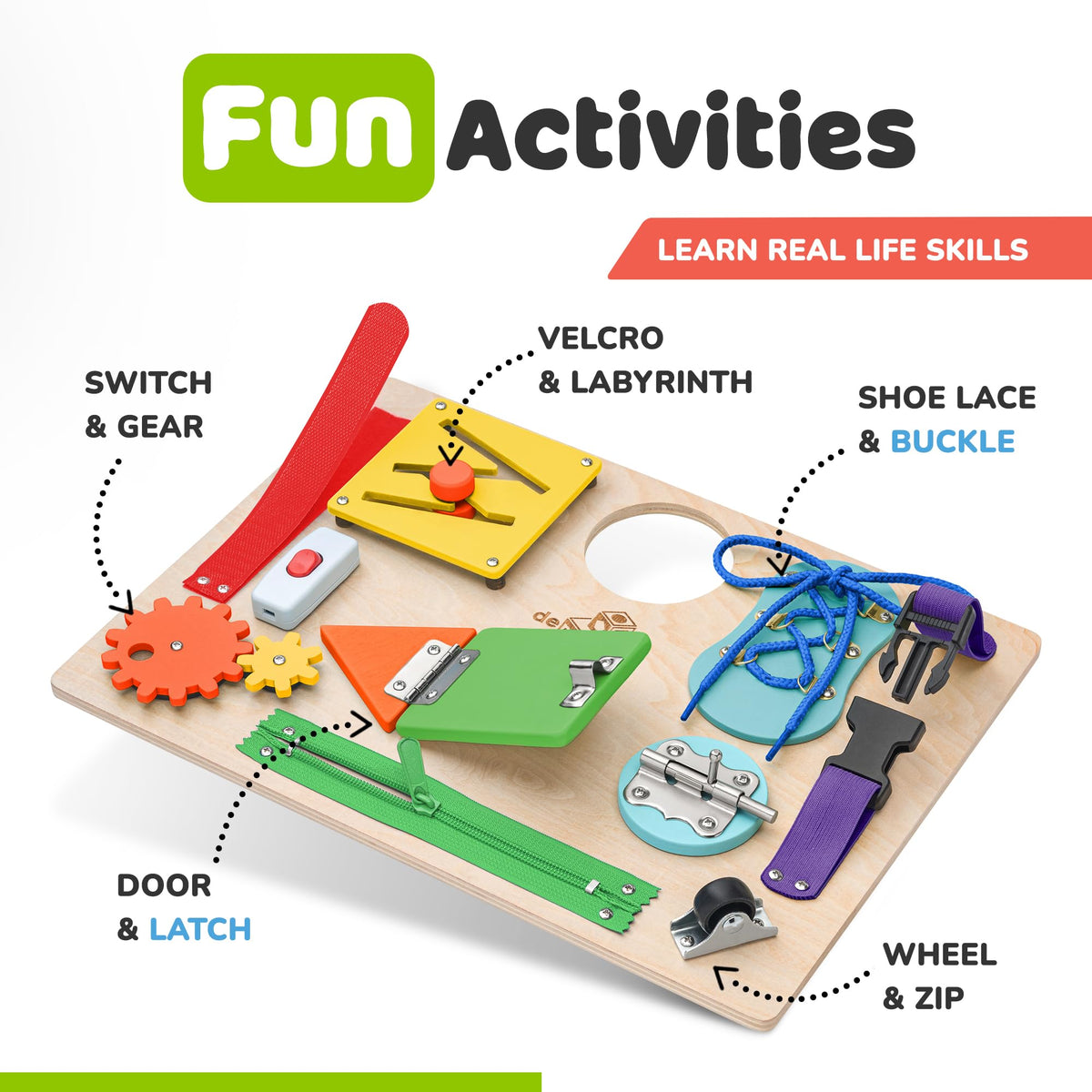 deMoca Busy Board latching clip builds hand coordination through play