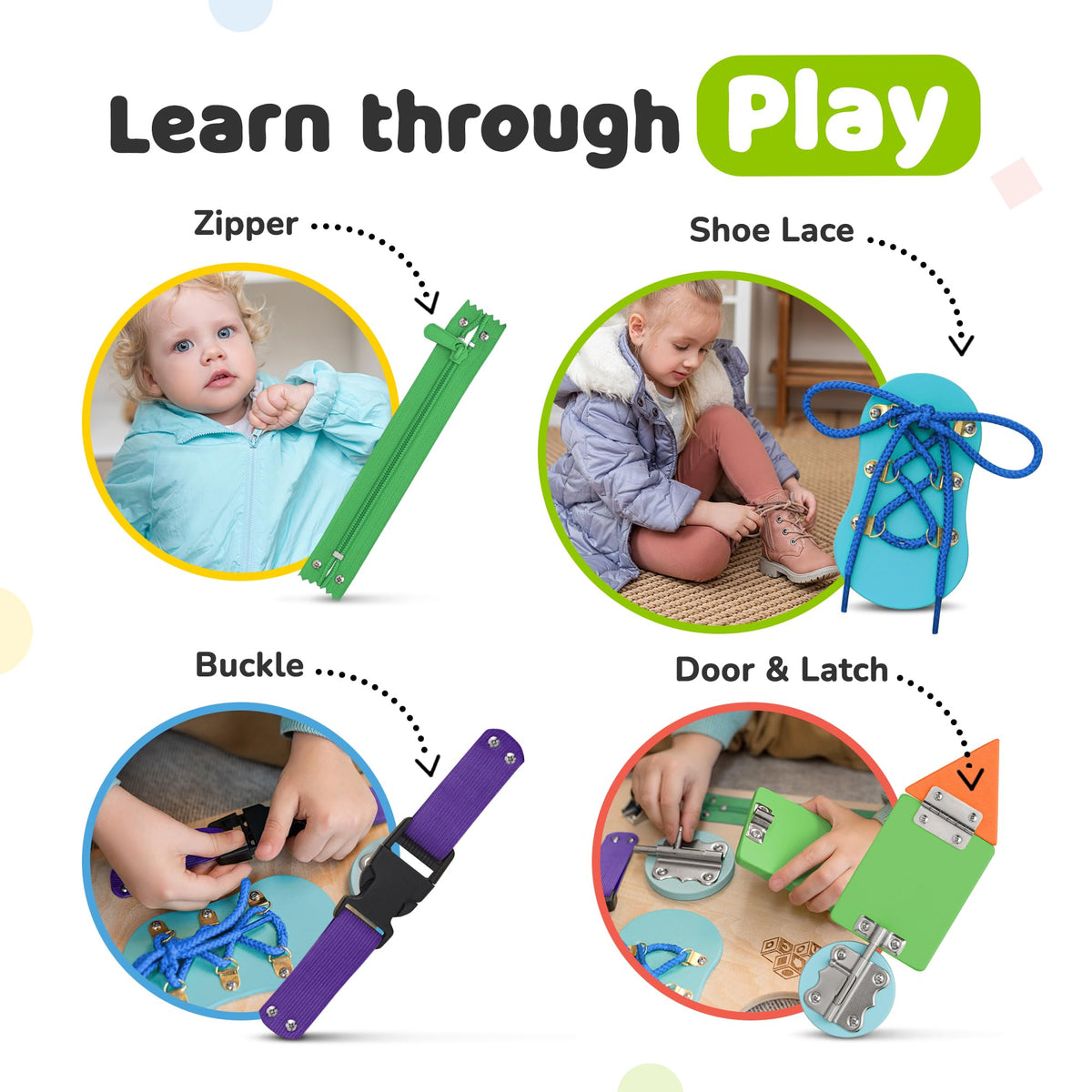 deMoca Busy Board shoelace-tie aids dressing skills and fine motor