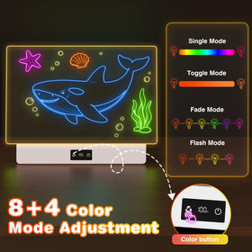 Demolike LED drawing board displaying brightness and color settings.
