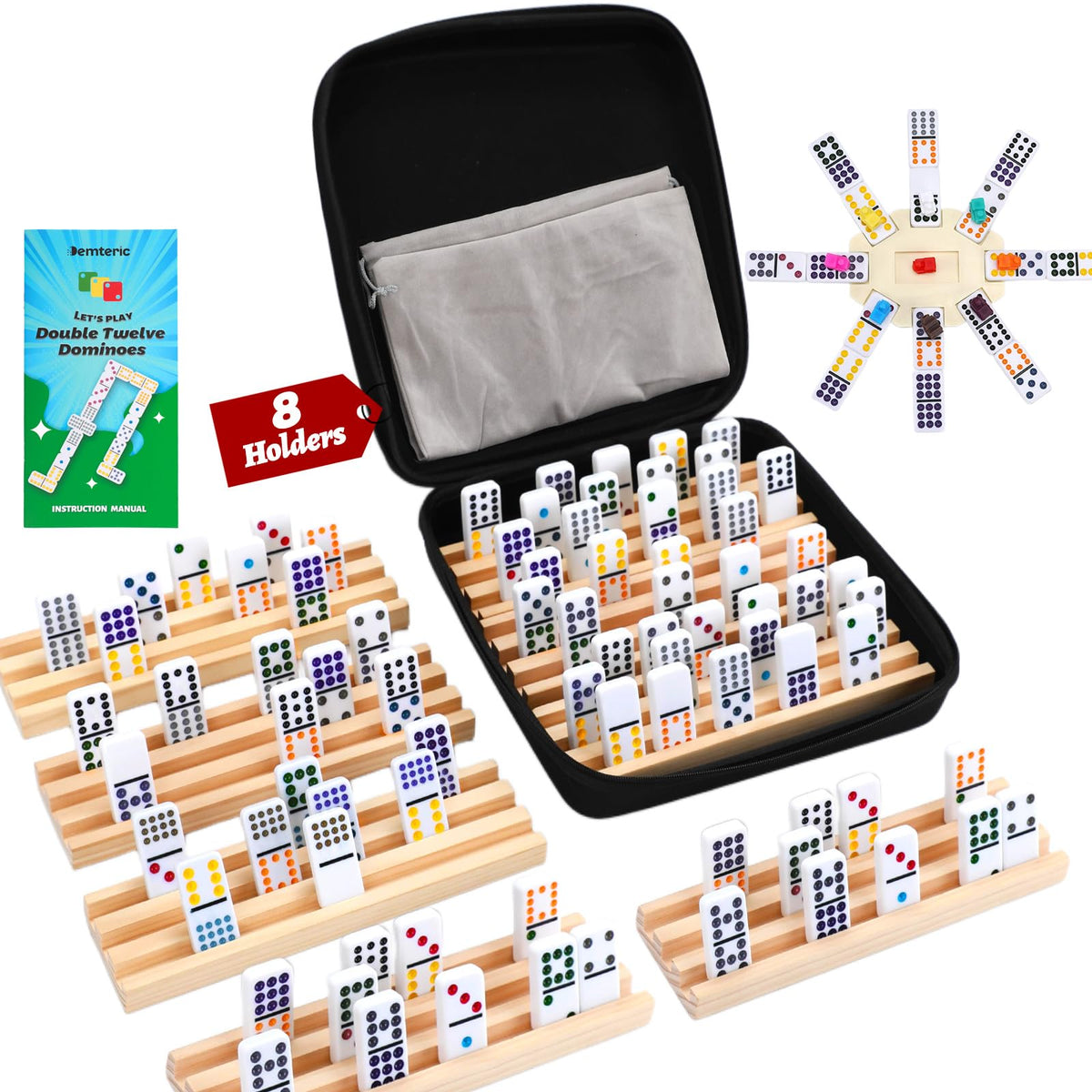 Demteric Mexican Train Dominoes double-12 tiles with clear pips for easy reading