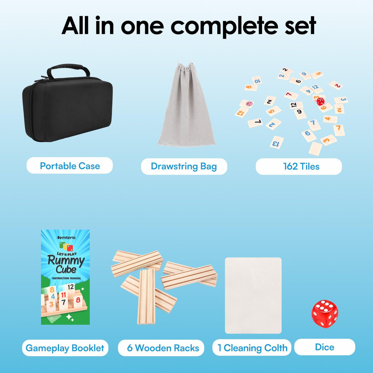 Demteric Rummy dice and drawstring bag for on-the-go play.
