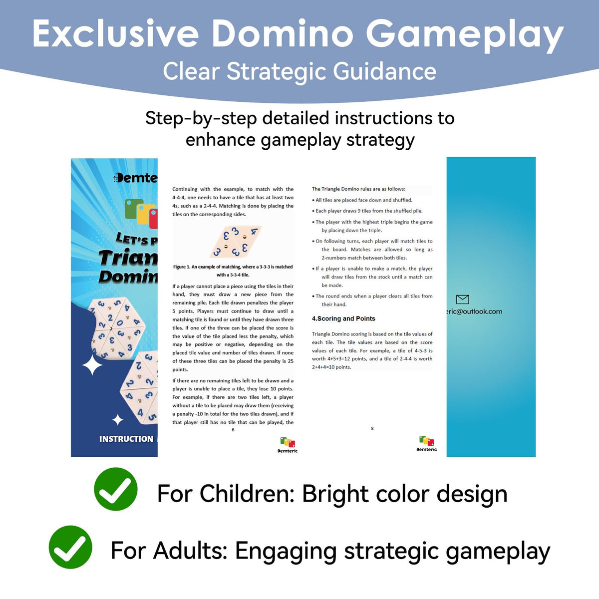 Demteric triangle domino material emphasizing durable, travel-friendly tiles
