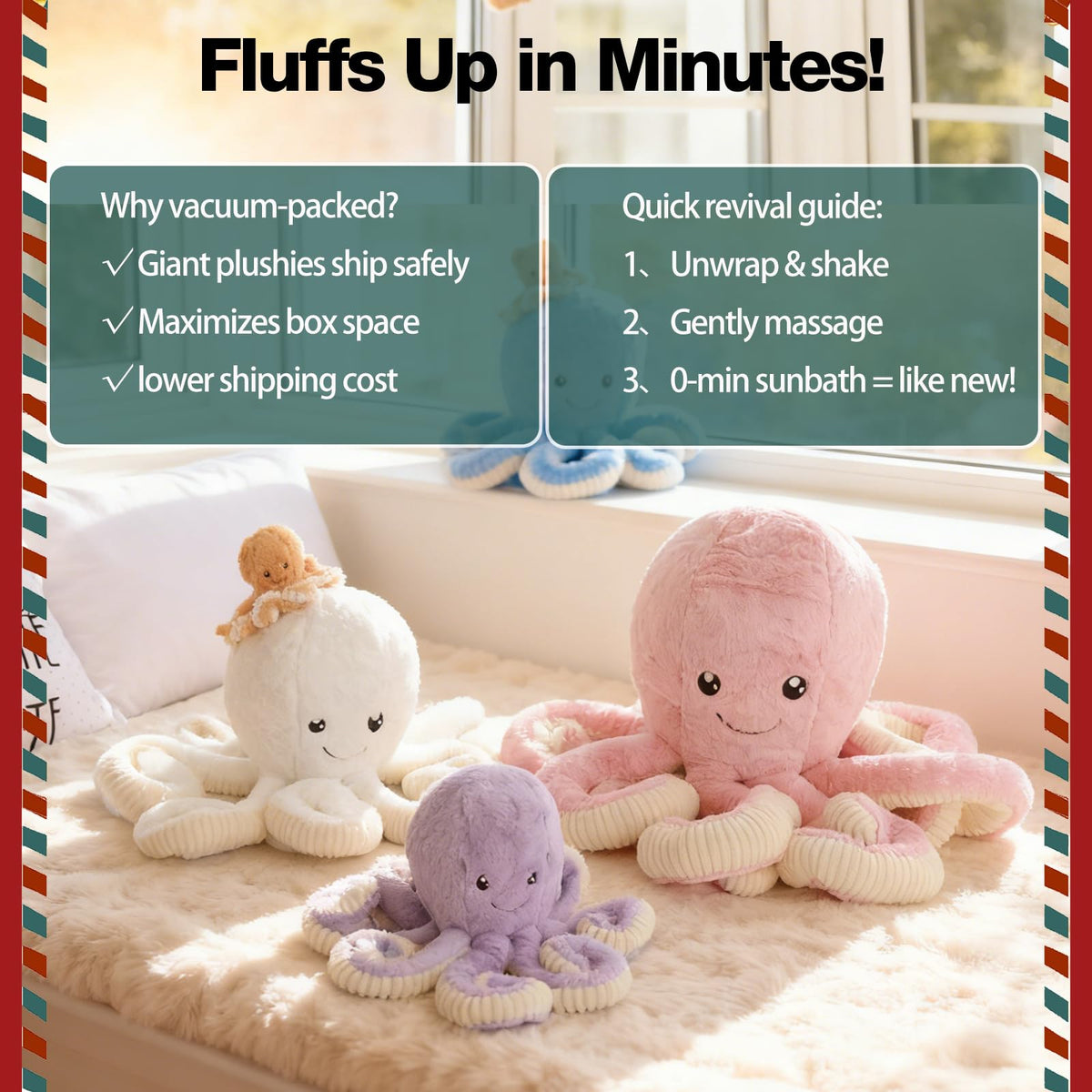 DENTRUN octopus plush with stitched face detail, safe design