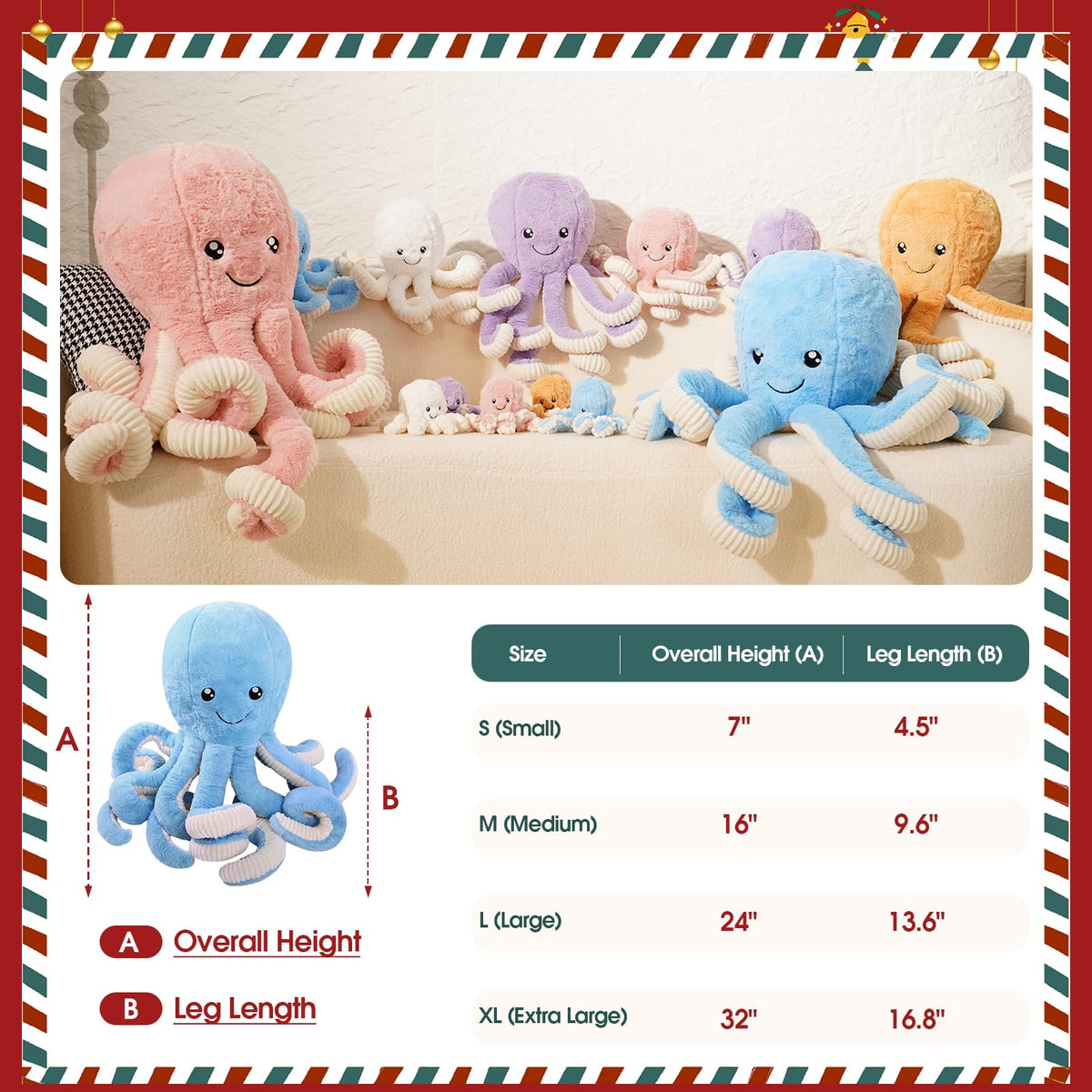 DENTRUN pink 24-inch octopus plush, cozy friend for naps and stories