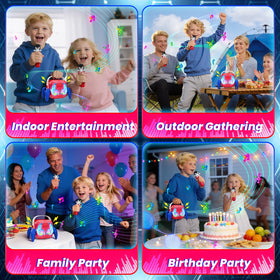 Includes 2 red mics for duet games and fun party activities.