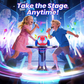 Two red wireless mics enable duets and interactive family sing-alongs.