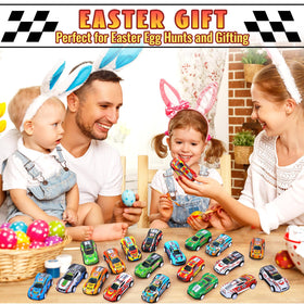 DERTE friction-powered pull back cars move without batteries for easy play.