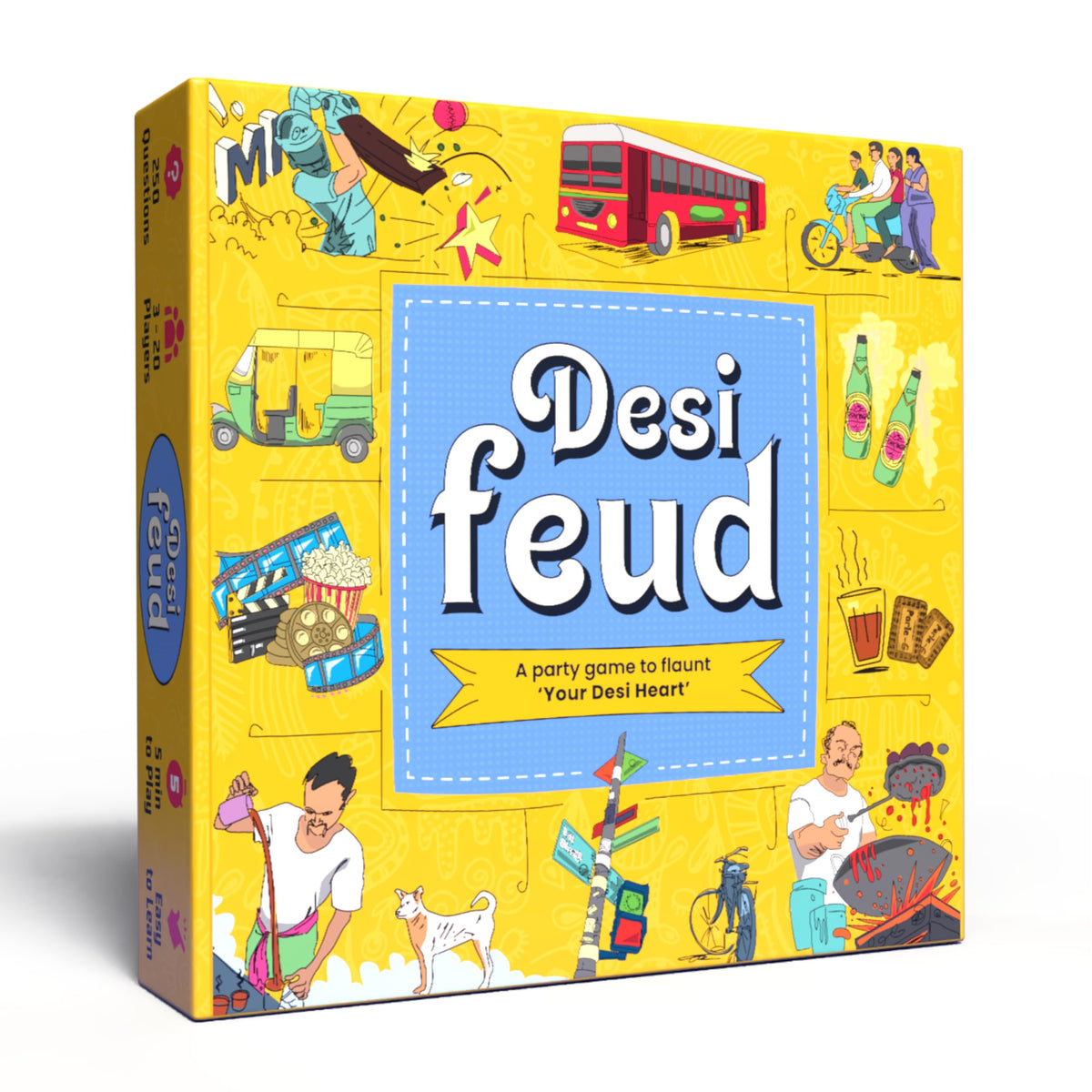 Desi Feud cover box with game components for quick party setup.