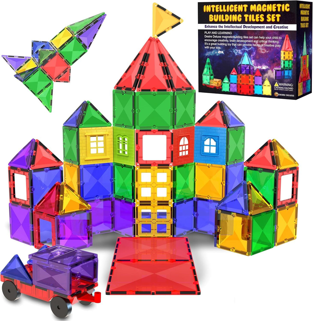 Desire Deluxe Magnetic Tiles forming a castle to inspire imaginative play and teamwork.