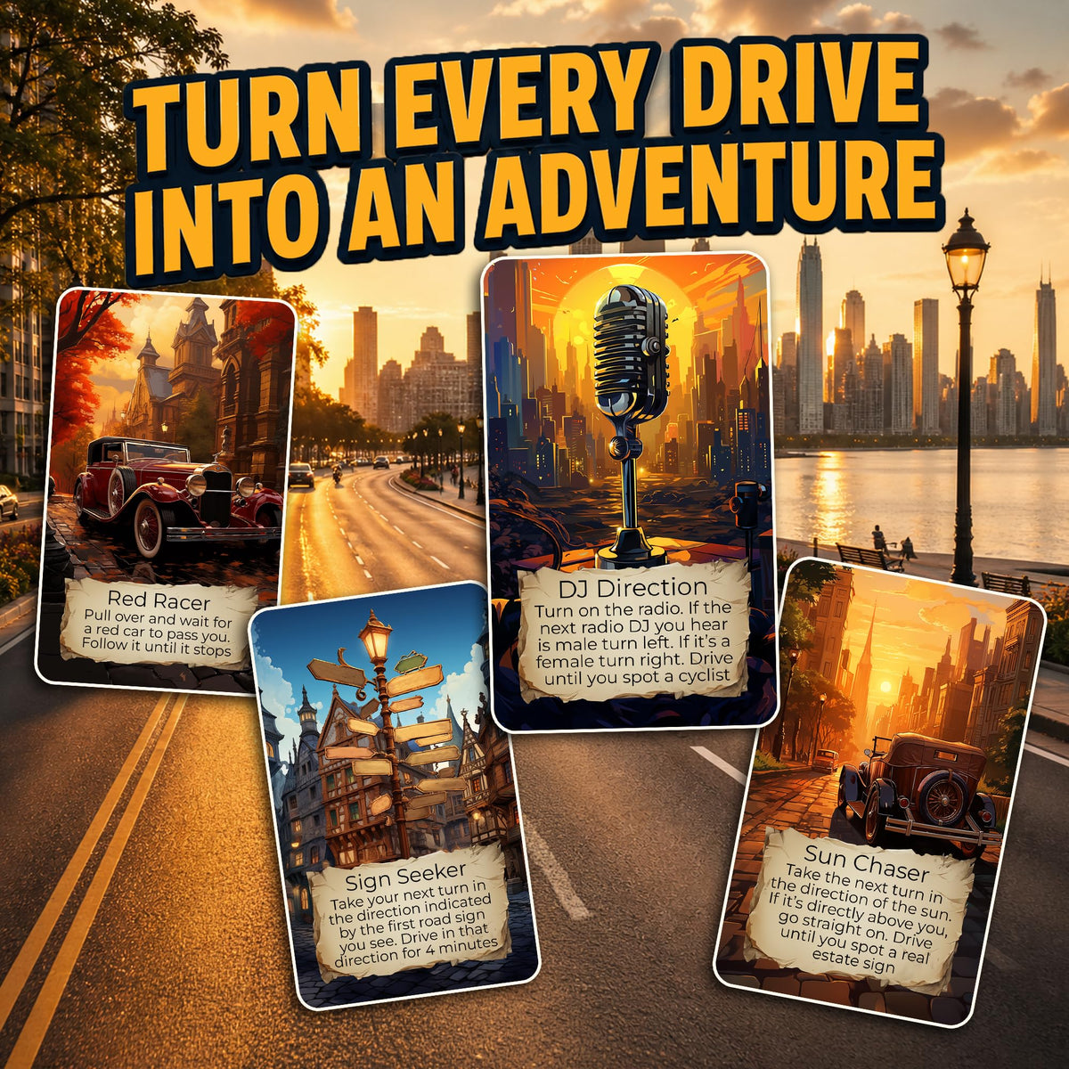 Destination Unknown road-trip-prompts card spread on dashboard encouraging new routes