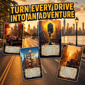 Destination Unknown road-trip-prompts card spread on dashboard encouraging new routes
