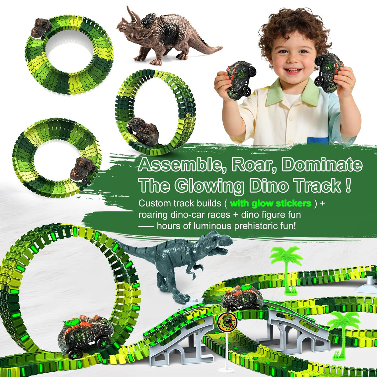 Desuccus dinosaur cars glide smoothly across flexible tracks.