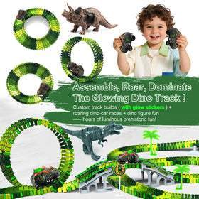 Desuccus dinosaur cars glide smoothly across flexible tracks.