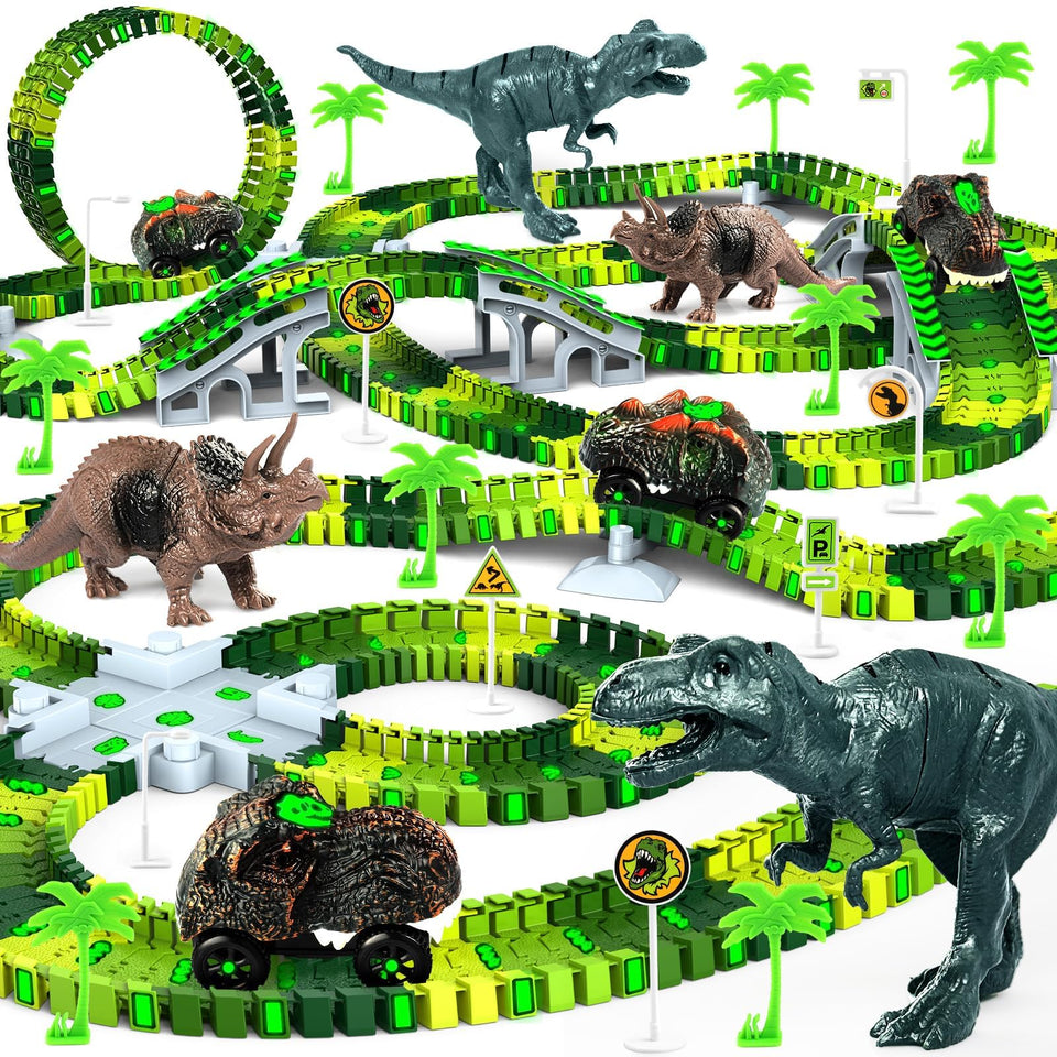 Desuccus dinosaur track glows in the dark for epic night-time adventures.