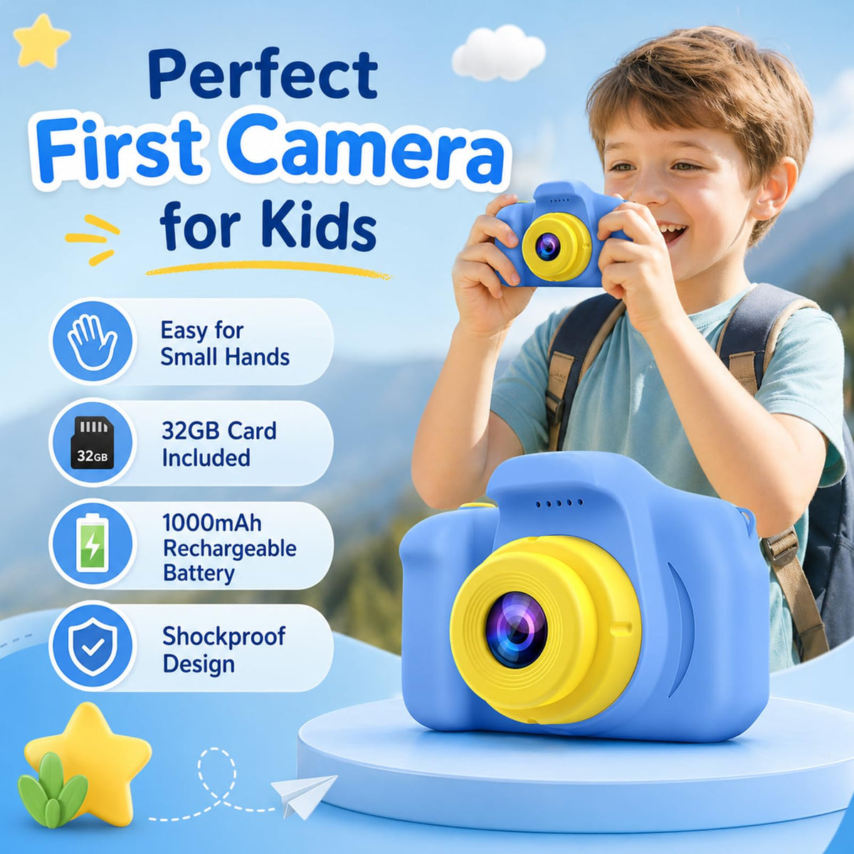 Desuccus Kids Camera records 1080p video for clear, vivid family moments on the go.