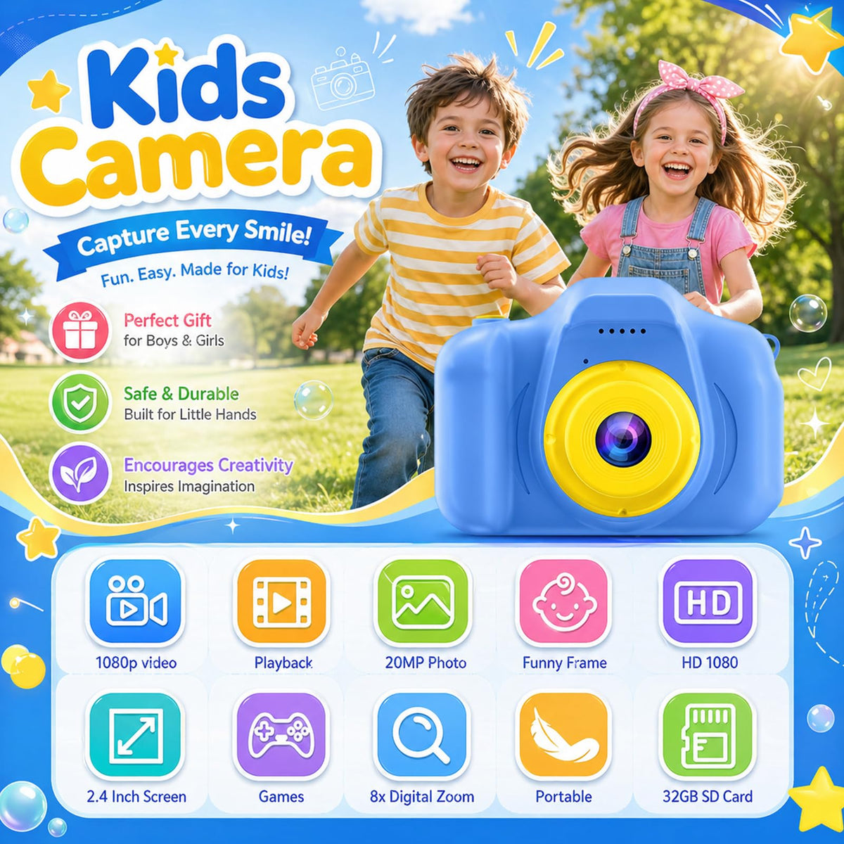 Desuccus Kids Camera includes a 32GB SD card for ample photo storage.
