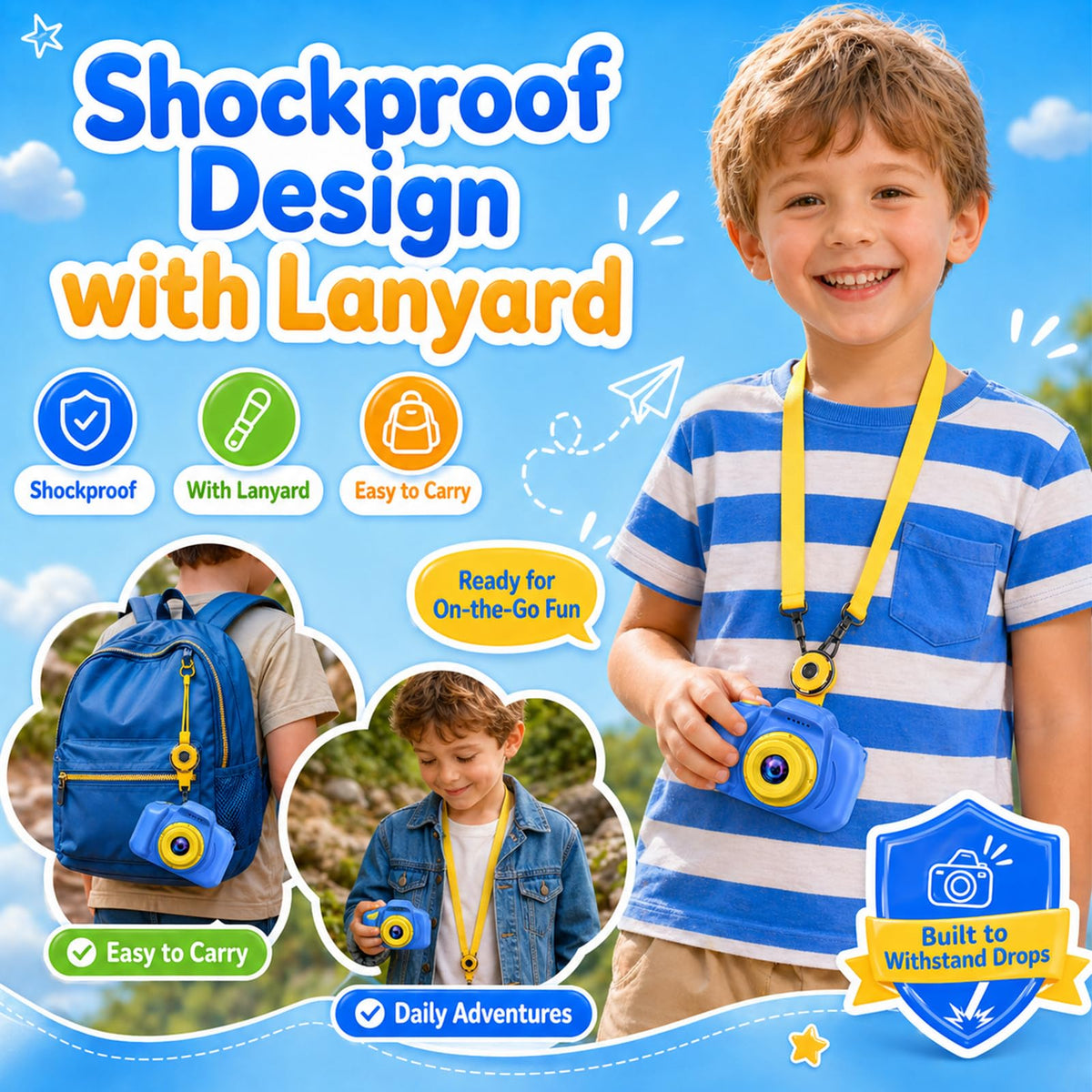 Desuccus Kids Camera comes with a lanyard for easy portability and quick access.