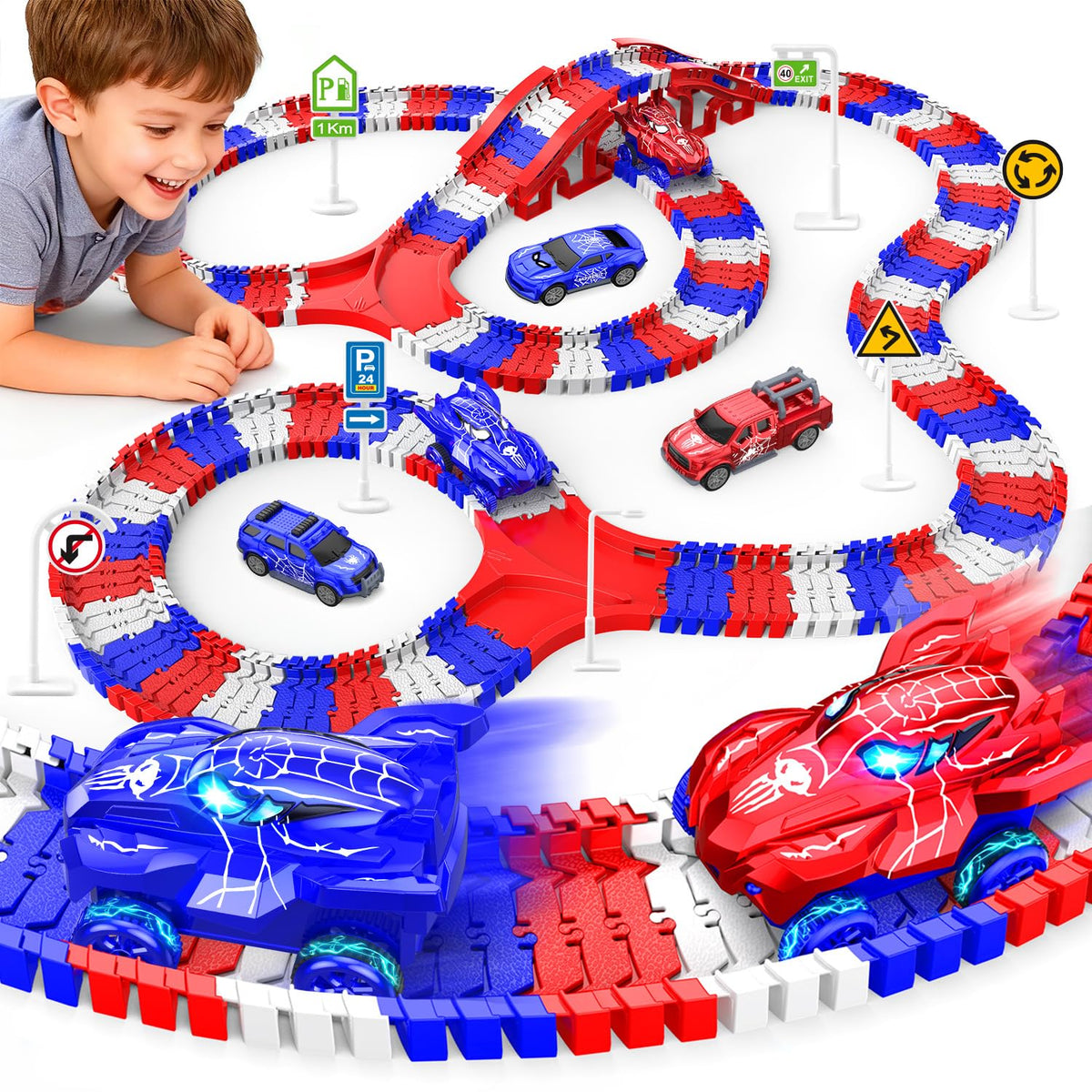Desuccus Spider Race Track Set enables imaginative play with colorful, easy-to-assemble pieces.