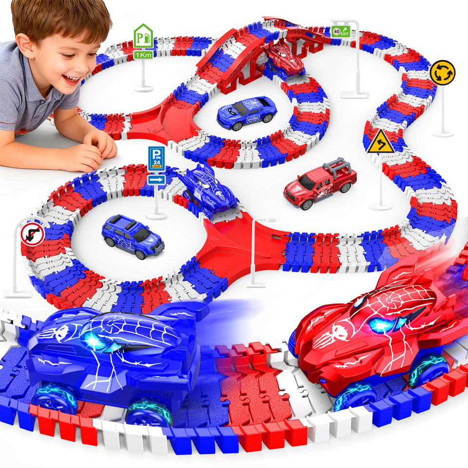 Desuccus Spider Race Track Set enables imaginative play with colorful, easy-to-assemble pieces.