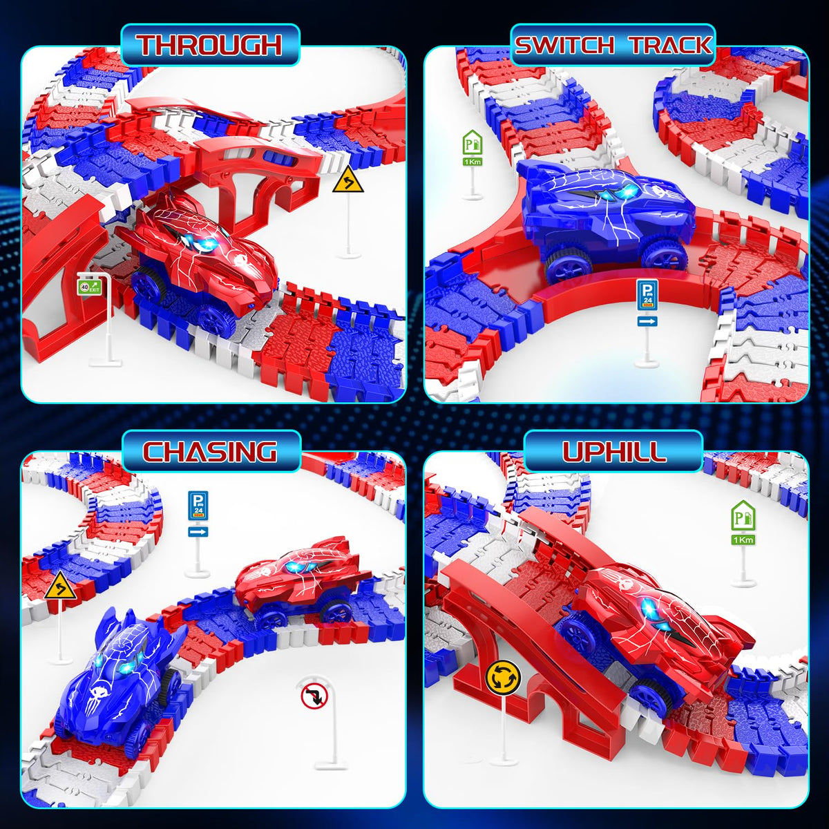Desuccus Track Bridges introduce elevated transitions for dynamic racing fun.