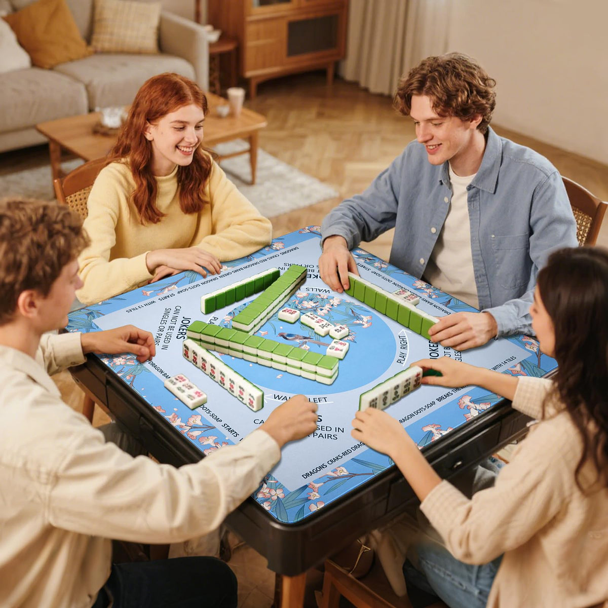 DEVPNR Mahjong Mat with printed rules for quick reference during rounds.