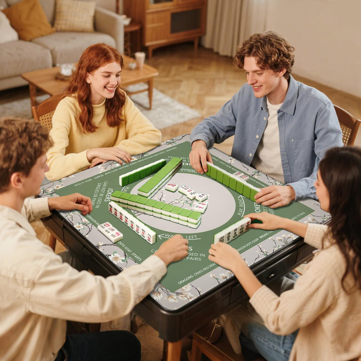DEVPNR mahjong mat with printed rules for quick on-table reference.