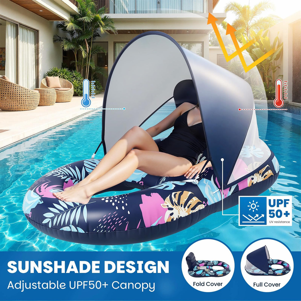 Deyhoc float with 120-degree adjustable sunshade for customized shade while lounging.