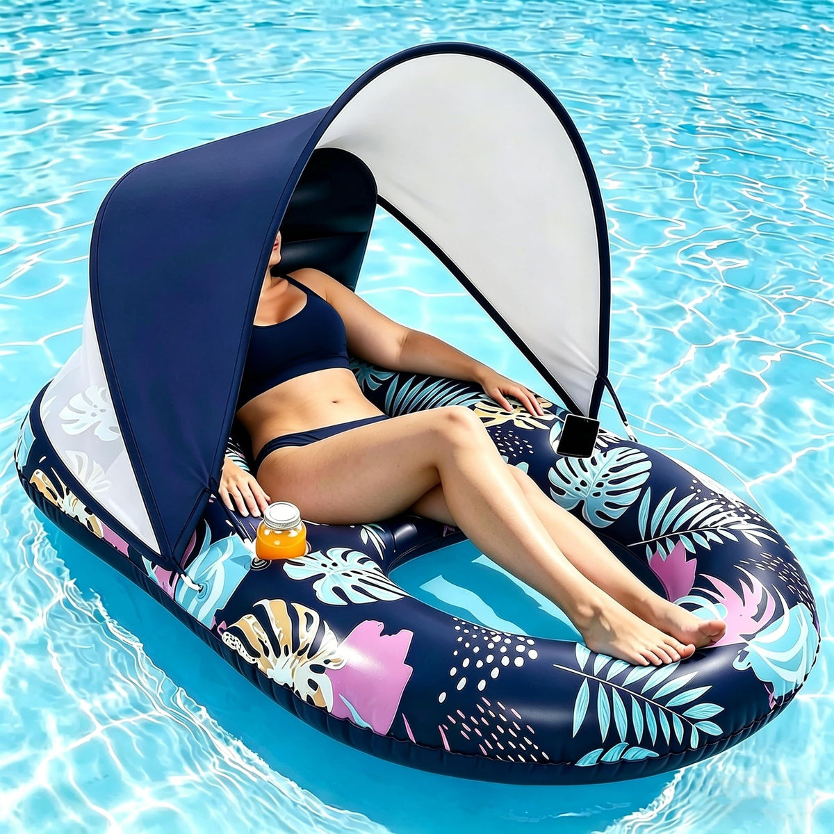 Deyhoc inflatable pool float with UPF50+ canopy and removable shade for sun protection.