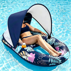 Deyhoc inflatable pool float with UPF50+ canopy and removable shade for sun protection.