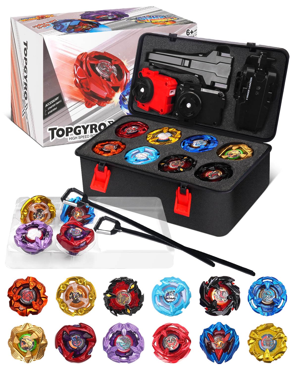 DEZAWRTY Gyro X Set—twelve spinning tops ready for exciting battles and quick launches.