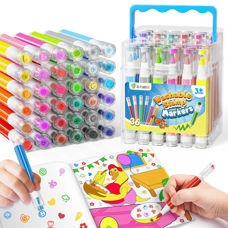D-FantiX 36-color washable markers with stamps for kids' art, mess-free creativity.