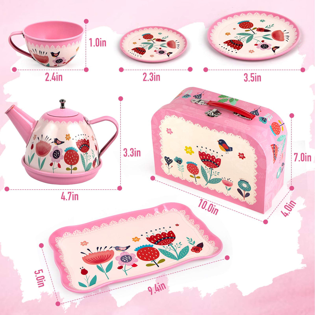 Durable tin-coated iron teacups and serving pieces suitable for play.