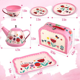 Durable tin-coated iron teacups and serving pieces suitable for play.