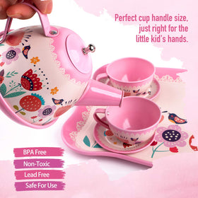 Colorful flower-pattern cups and plates for shared tea time with friends.