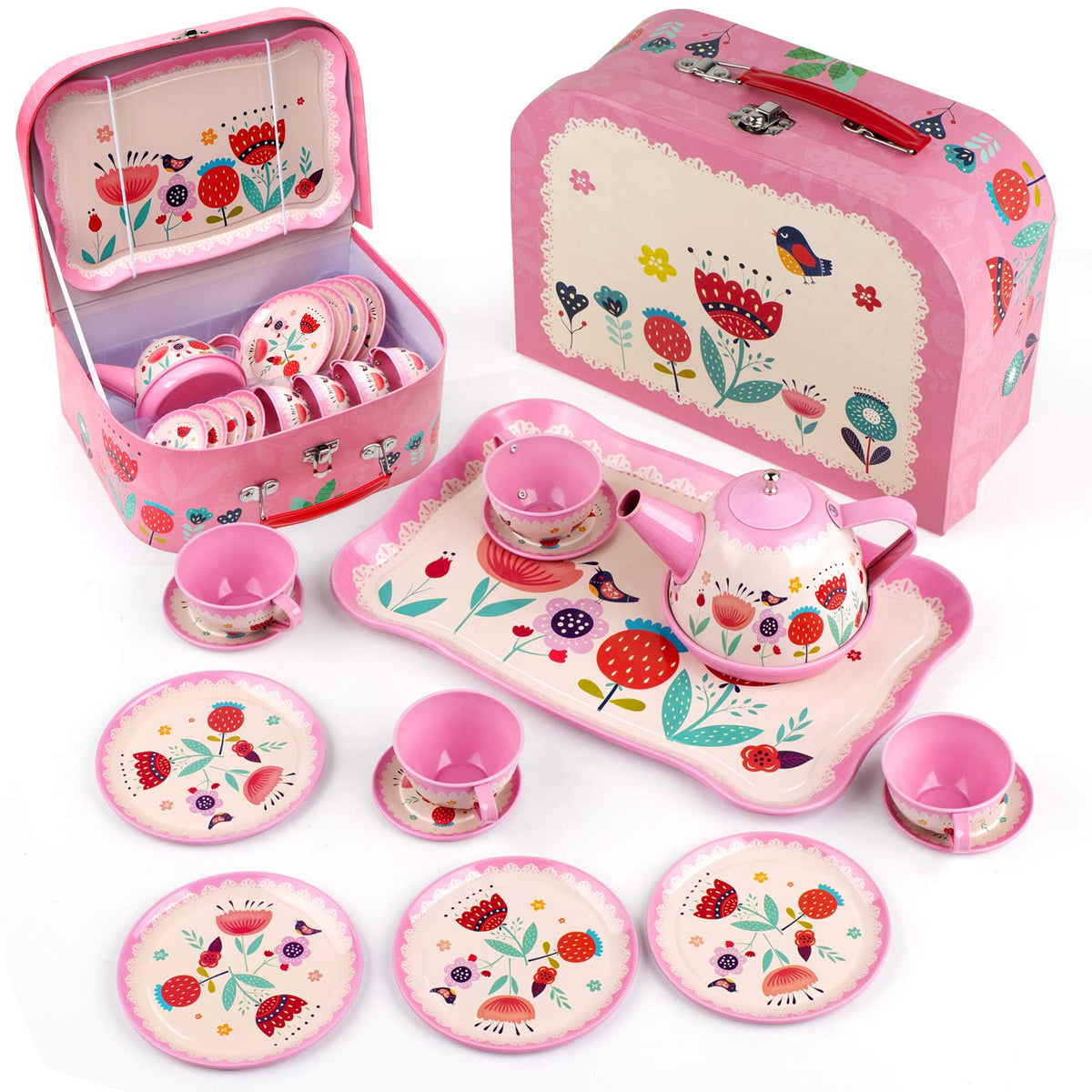D-FantiX Kids Tea Set teapot with floral pattern for imaginative tea party play.