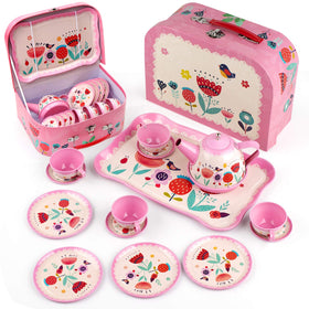 D-FantiX Kids Tea Set teapot with floral pattern for imaginative tea party play.