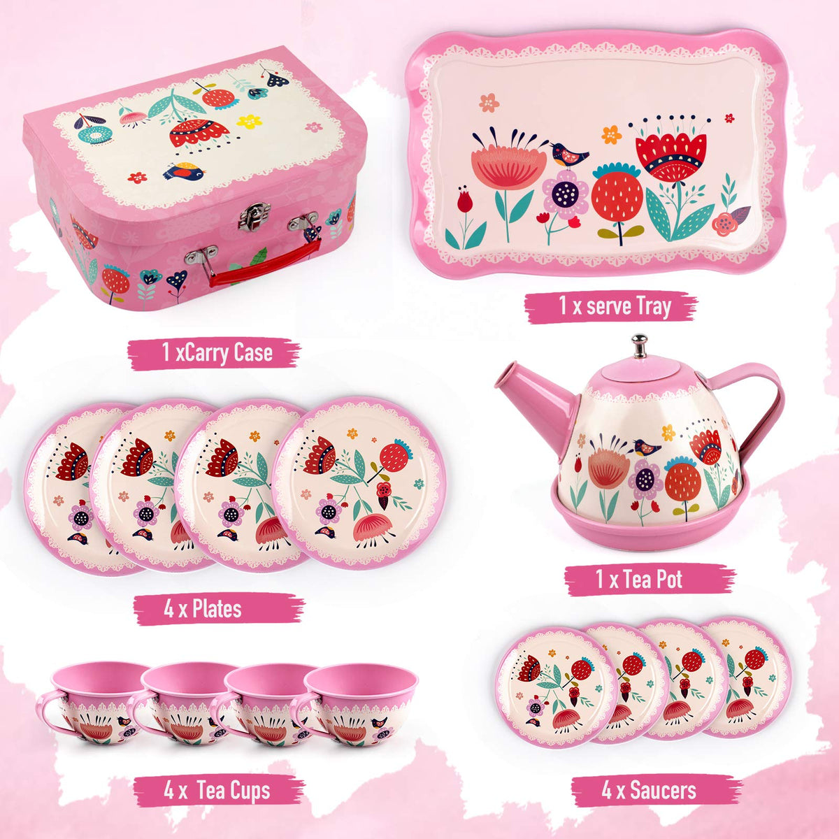 D-FantiX 15-piece tin tea set tray and cups for pretend gatherings.