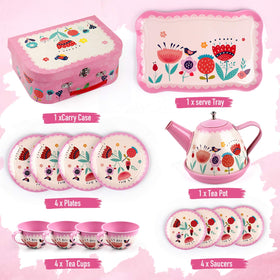 D-FantiX 15-piece tin tea set tray and cups for pretend gatherings.