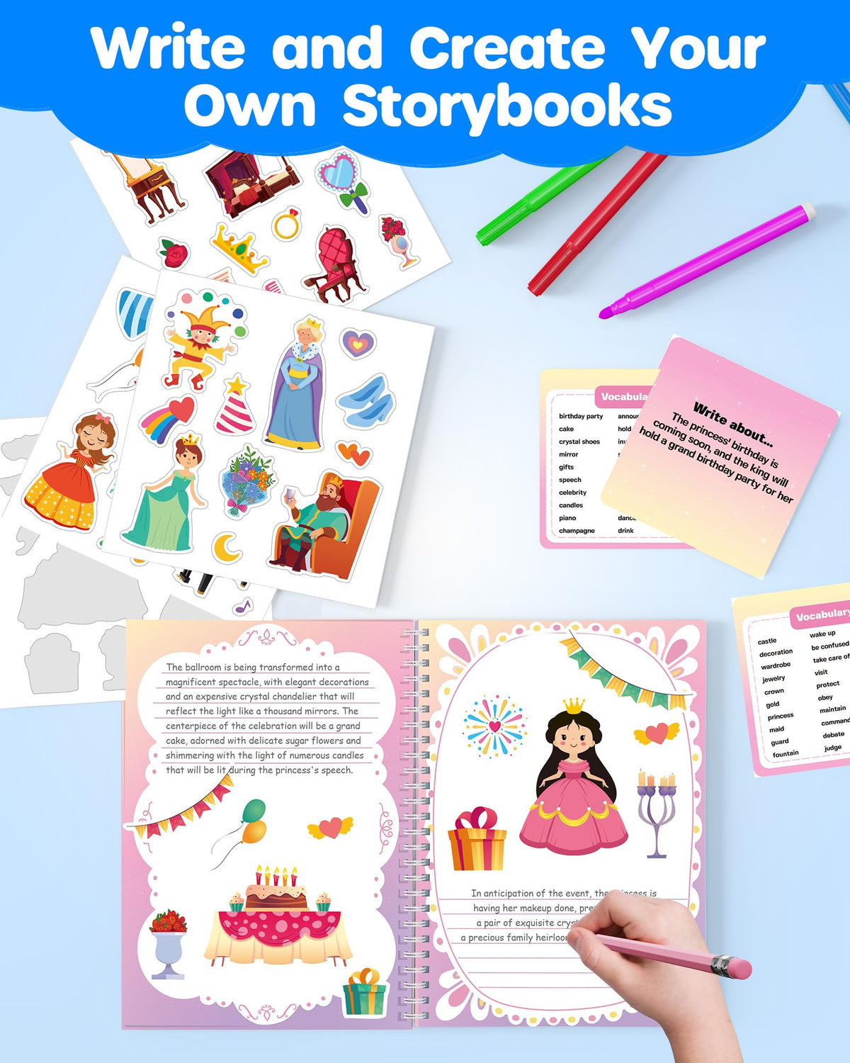 D-FantiX Storybook Kit contents laid out with books, stickers, and prompts