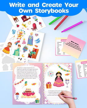 D-FantiX Storybook Kit contents laid out with books, stickers, and prompts