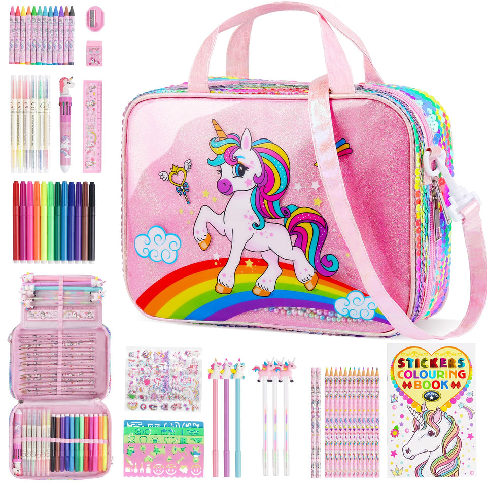 D-FantiX unicorn art bag with zipper crossbody in use, perfect for travel.