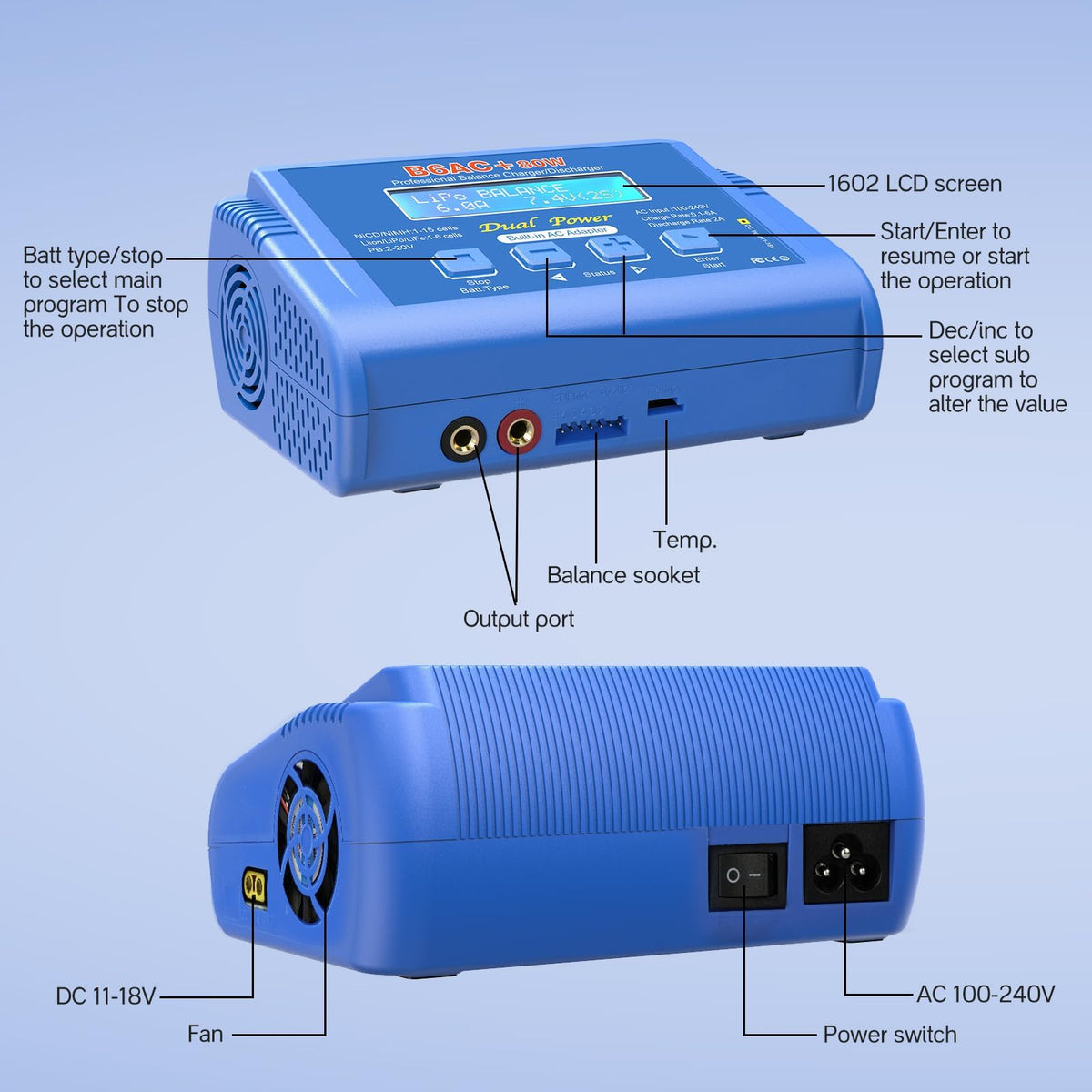 Dght B6 AC charger XT60 cables included for flexible connections