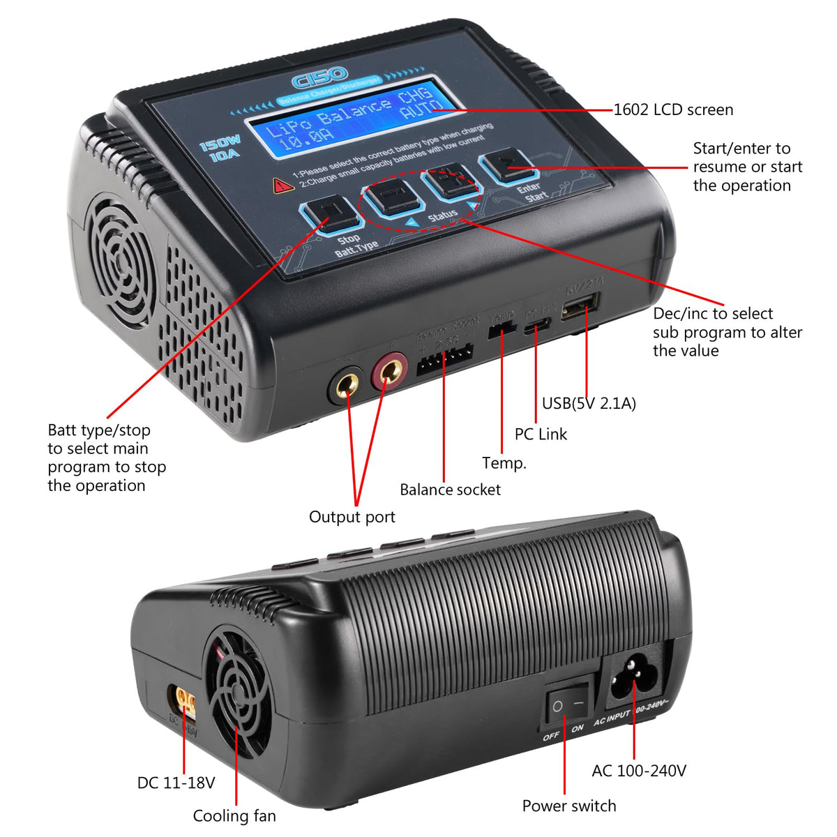 Dght Lipo Charger top panel showing controls and status at a glance.