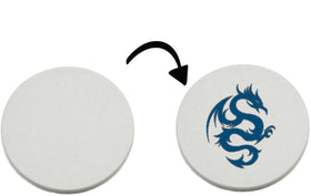 DHYANA COLLECTION 39mm ceramic chips with edge-to-edge printing for personalized casino-style tokens.