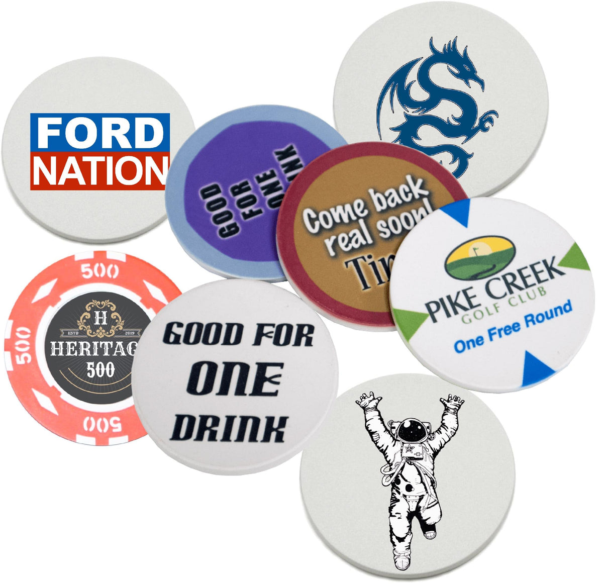 DHYANA COLLECTION blank white surface enables vibrant sublimation transfers on ceramic poker chips.