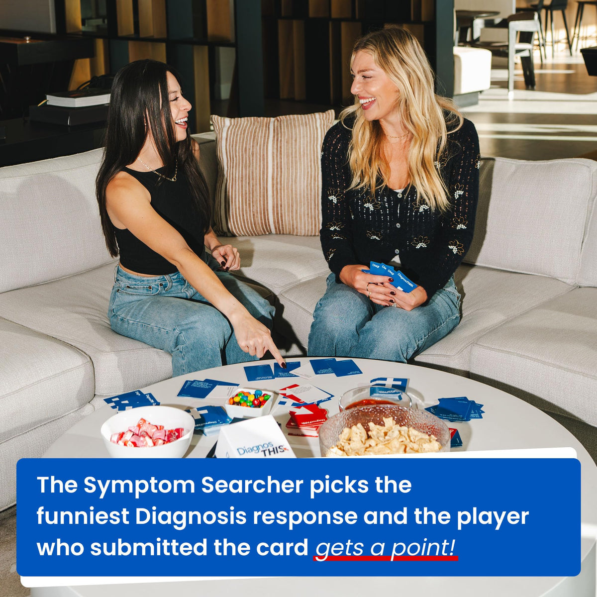 DiagnosThis group game night captures friends laughing and bonding.