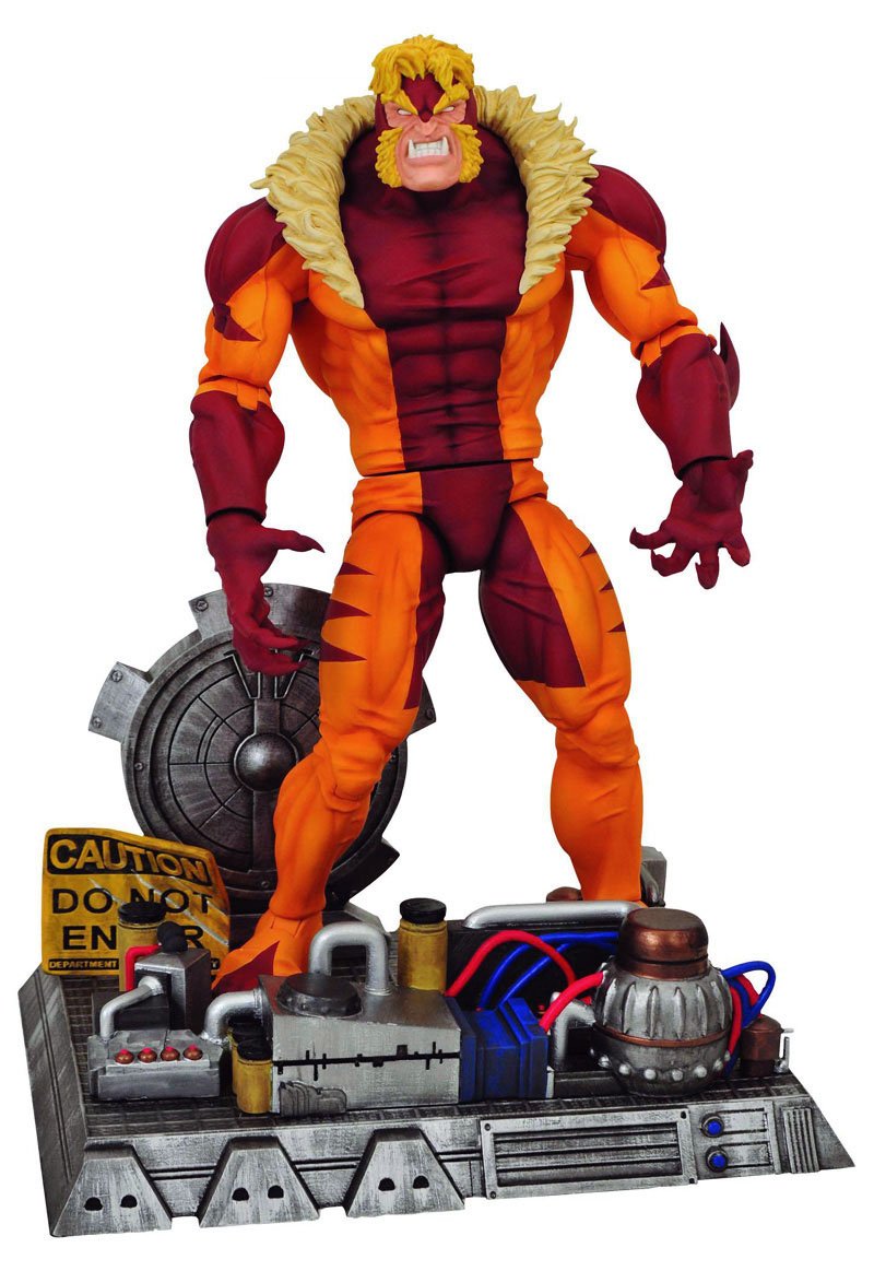 Diamond Select Toys Sabretooth action figure with deluxe base, ideal for display and collection.